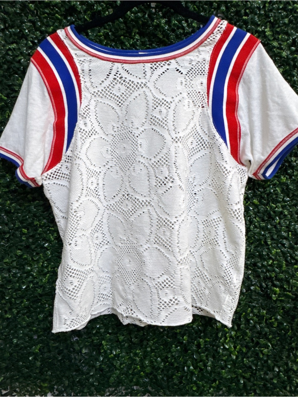 We The Free White Crochet Short Sleeve Top with Red & Blue Trim